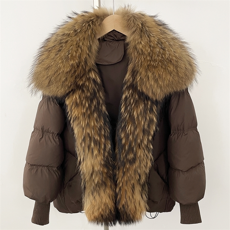 OFTBUY Winter Large Real Raccoon Fur Puffer Coat Women Oversized Feather Down Parka Knit Sleeve White Duck Down Jacket 251029