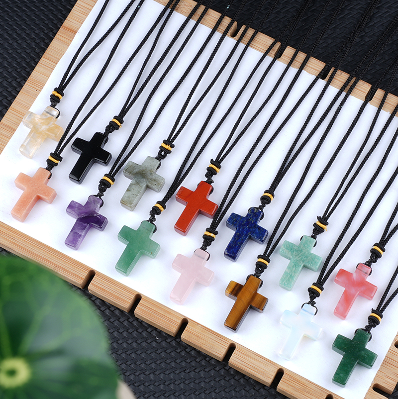 Natural Gemstone Cross Pendant Necklace, 22x30mm Crucifix with Adjustable Black Rope Chain, Religious Gift for Women Men, Unisex Healing Crystal Jewel