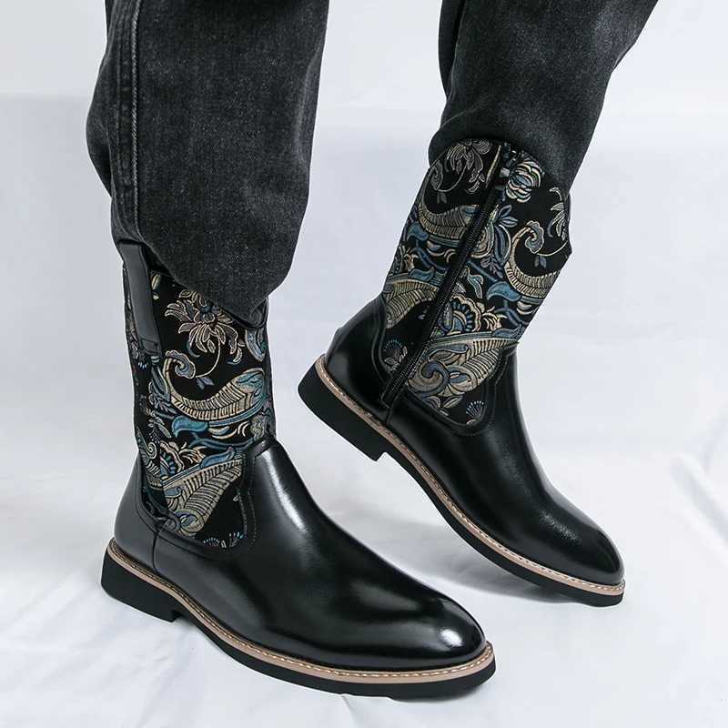 New Mens Boots Western Cowboy Boots Fashionable and Versatile Chelsea High Top Boots Z251029