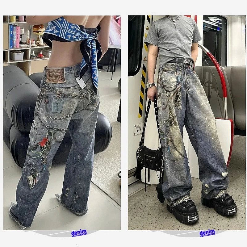 CHIC Streetwear Baggy Jeans for Men American Vintage 3D Painting Printed Washed Denim Pants Women Straight Wide Leg Trousers 251029