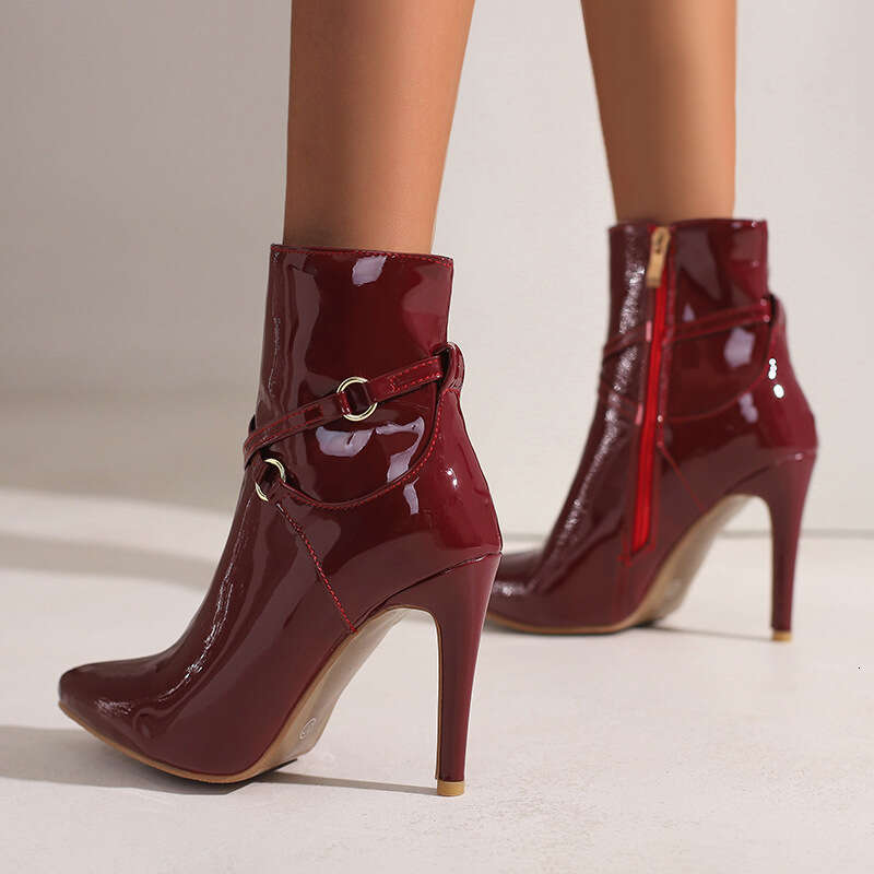 Women's Bury Red Pointed Toe Stiletto Ankle With Belt Buckle & Side Zipper Thick Platform-Like Heel Hidden Lift, PU Glossy Winter Boots For Parti