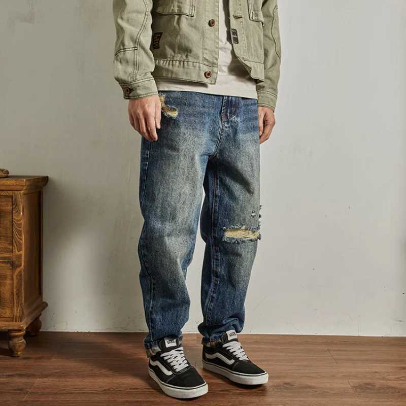 Personalized ripped jeans for men loose straight leg cool and trendy street retro wide leg denim pants J251030