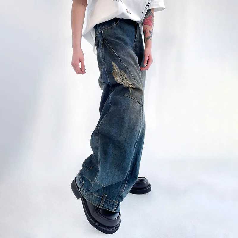 Korean Retro MenS Ripped Jeans Loose Straight Leg Pants Fashionable Design Jeans Casual Wide Leg Pants J251030