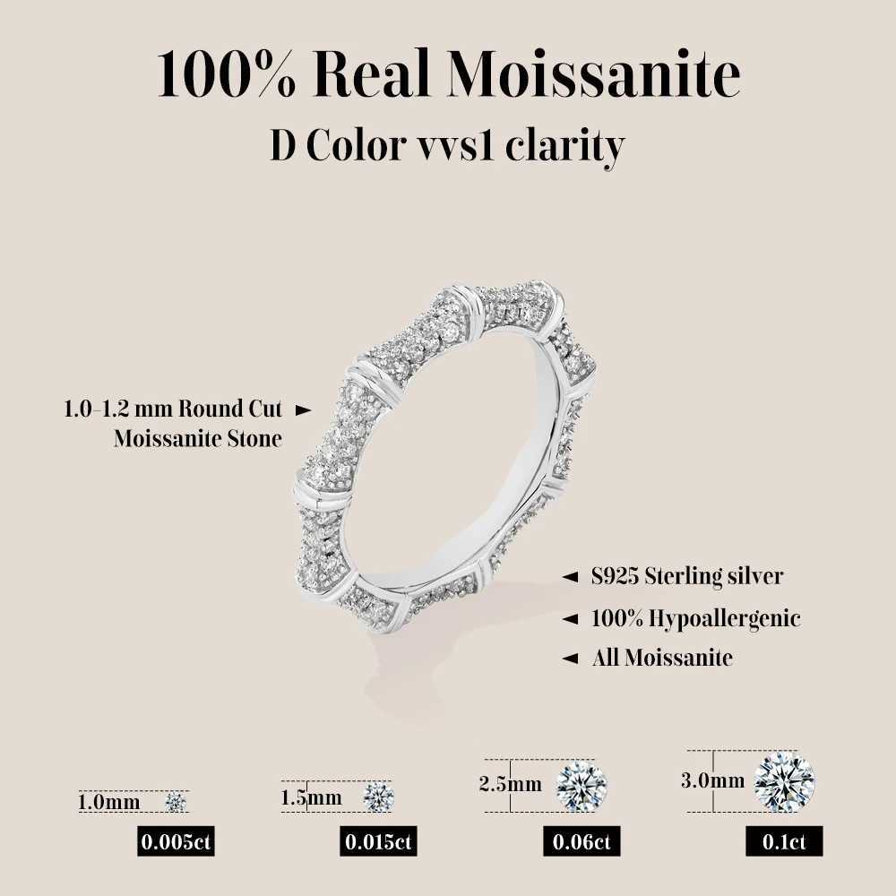 ATTAGEMS Sparkling Moissanite Ring Bamboo Design 925 Sterling Silver Women Rings Peace Good Luck for Birthday Party Gift JewelryW251030