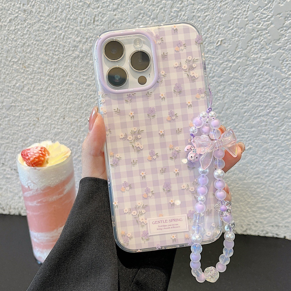 Plaid Small Floral Phone Case Compatible with iPhone 17 Pro/16 Pro Simple Bracelet 15/14 Full Coverage