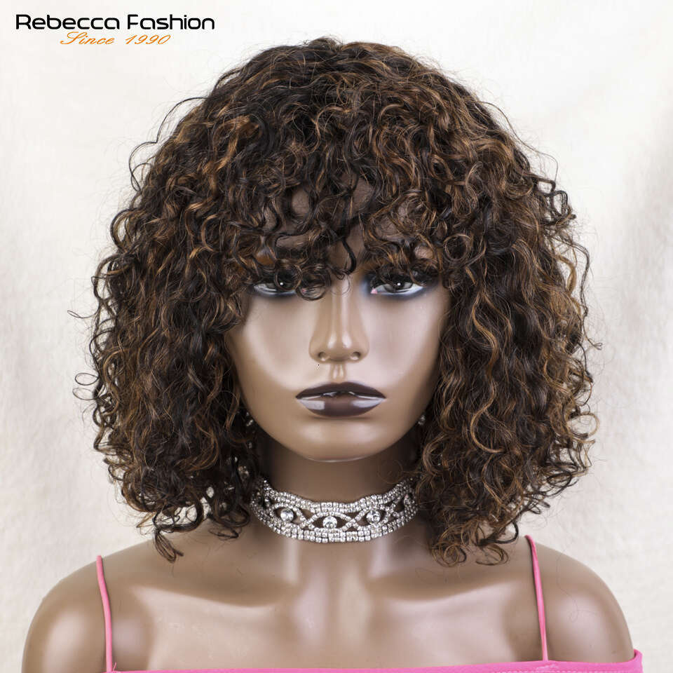 Lekker Brazilian Remy Human Hair Wig - Short Pixie Cut Bob With Bangs, Curly Wave Texture, Natural Black To Blonde Ombre Highlights P4/30/27, Density,