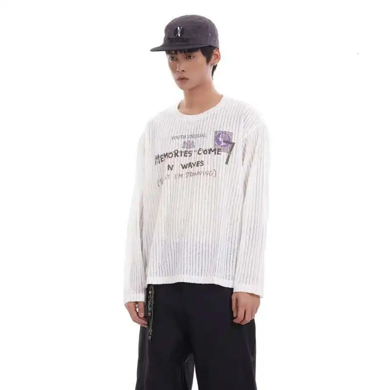 PFNW American Vintage Semitransparent White Letter Printting Long Sleeve White Tshirt For Men And Women Loose Tee Tops 28W6046 251028