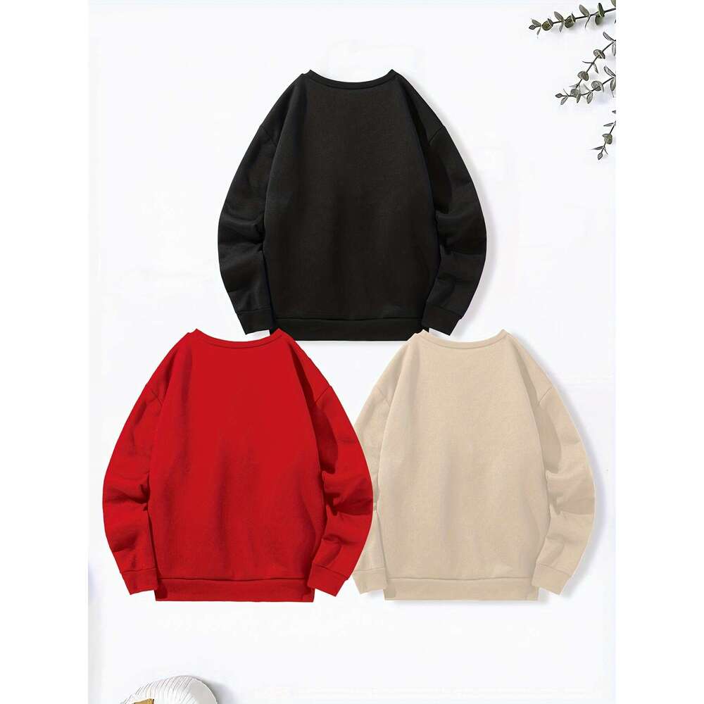 Pack Women S Casual Crew Neck Sweatshirts Polyester Knit Fabric Long Sleeve Alphabet Print Pullovers Slight Stretch Regular Fit For Fall Winter