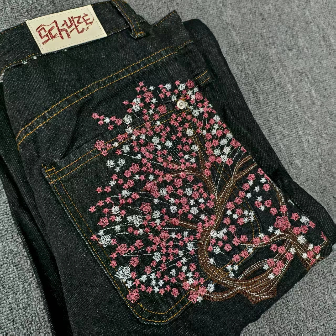 Y2K 2000s Cherry Blossom Pocket Embroidery Fashion Hip Hop Loose Men And Women Clothing Retro Casual Wide Leg Streetwear 251029