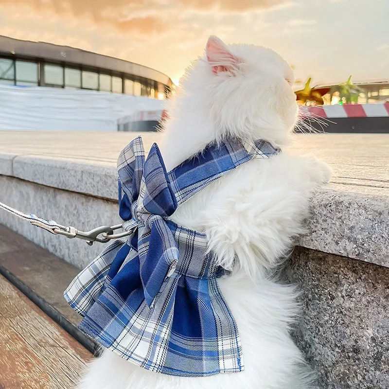 Bow Puppy Cat Dresses Summer Pet Clothes Fashion Plaid JK Dress with Leash Sets for Small Dogs Cats Kitten Clothing ropa gato 251029