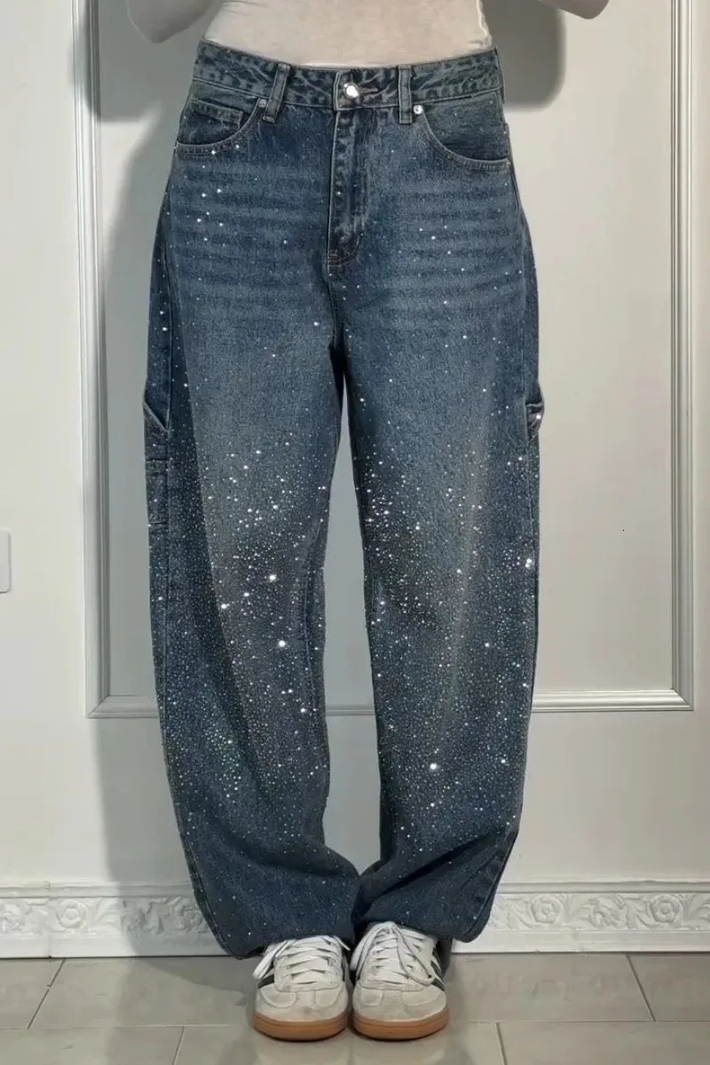 2025 Rhinestone Jeans for Women Streetweart Wide Leg Denim Jeans Y2k Baggey Pants Korean Fashion Women Clothing 251029