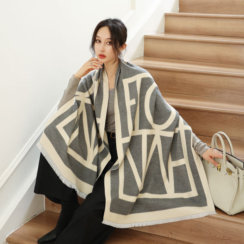 Women s Geometric Letter Pattern Scarf Black And White Imitation Cashmere Shawl Autumn And Winter Warm Fashion Scarf Commuting And Leisure Dual Use Ac