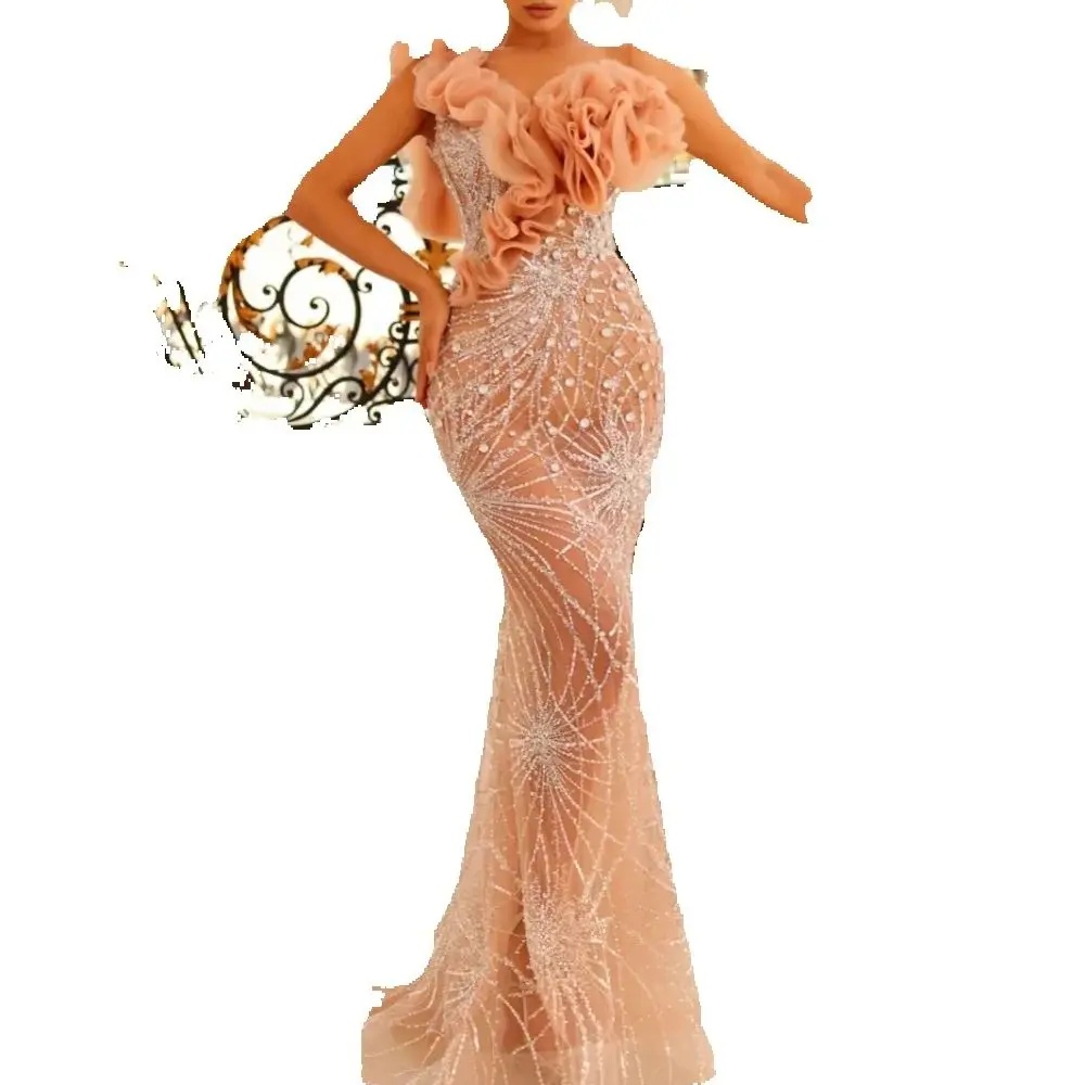 Fashion One Shoulder Crystal Prom Dresses Elegant Ruffle Beaded Evening Dress Floor Length Celebrity Party Gown Customized