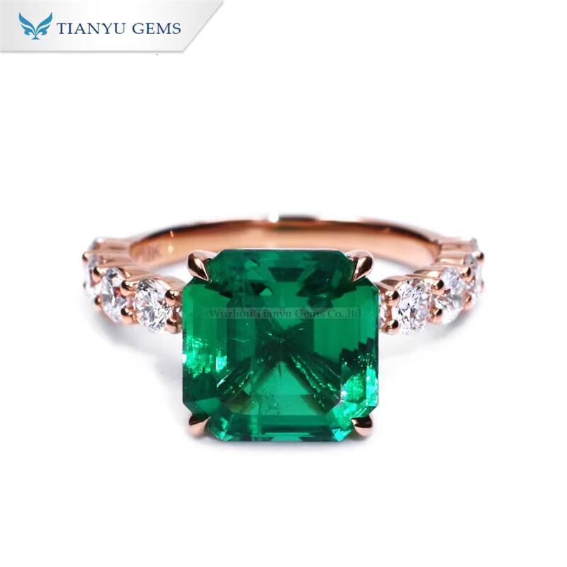 Tianyu Gems Asscher Cut 10x10mm Lab Emerald Lab Diamond Rings Rose Gold 10k 14k 18k Women Wedding Engagement Anniversary Ring
