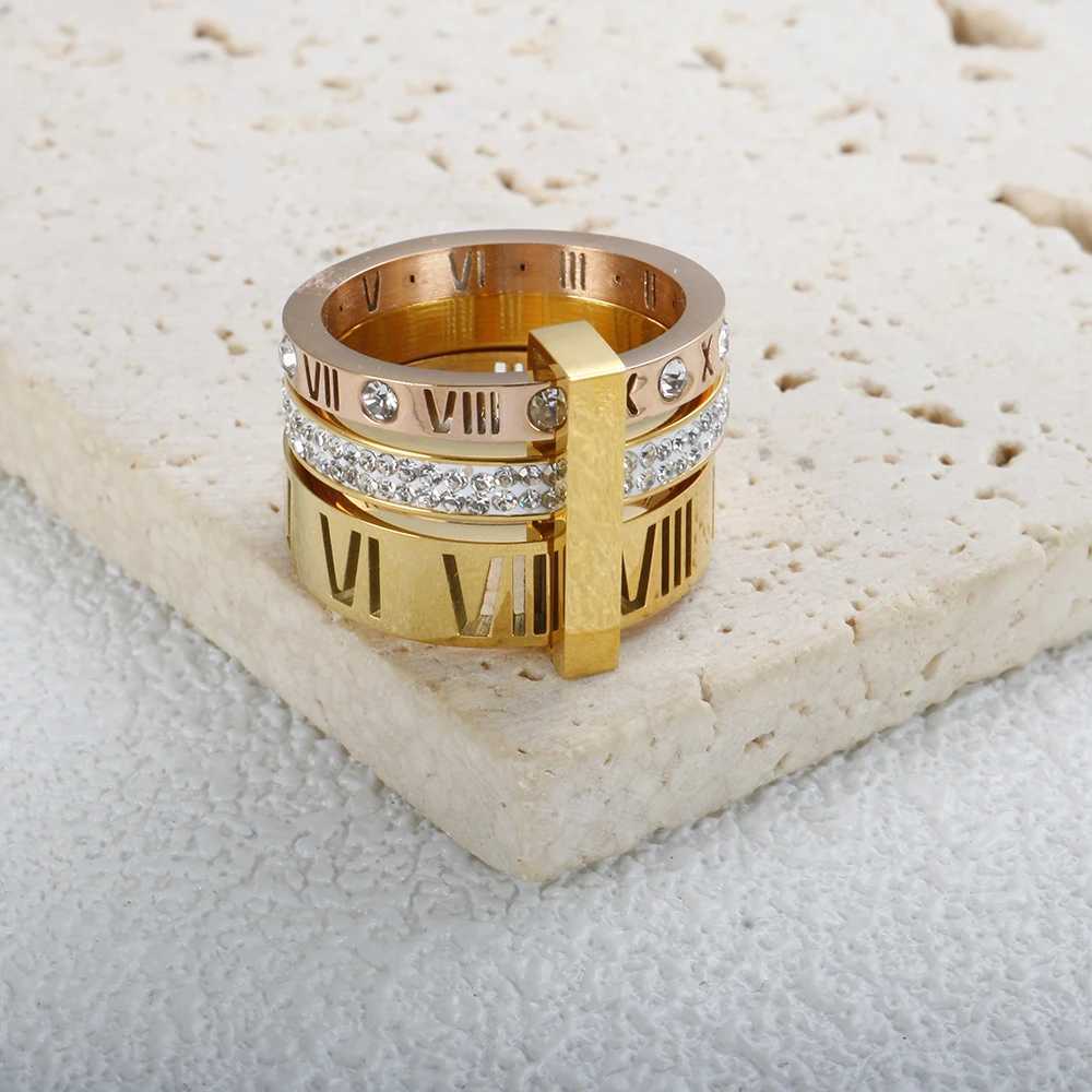 Three Layers Roman Numerals Ring for Women Luxury Stainless Steel Rotatable Crystal Finger Rings Female Wedding Trendy JewelryW251030