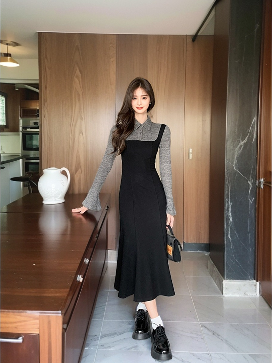 KD250 French Retro Faux Two-Piece Knit Patchwork Dress