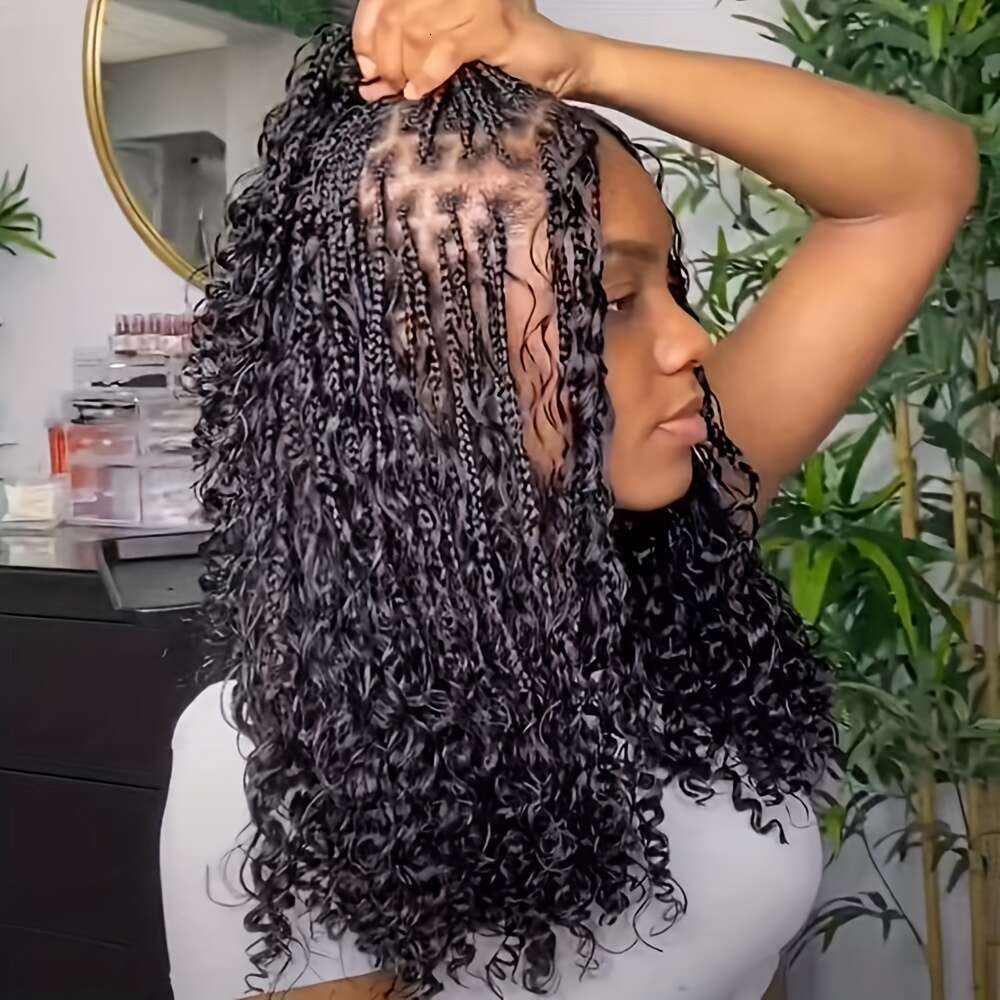 Bohemian Style Woven - Knotless Goddess With Curly Full Square Synthetic Braid Wig Featuring, Suitable For Women, Natural Black Braided Lace Front Wig