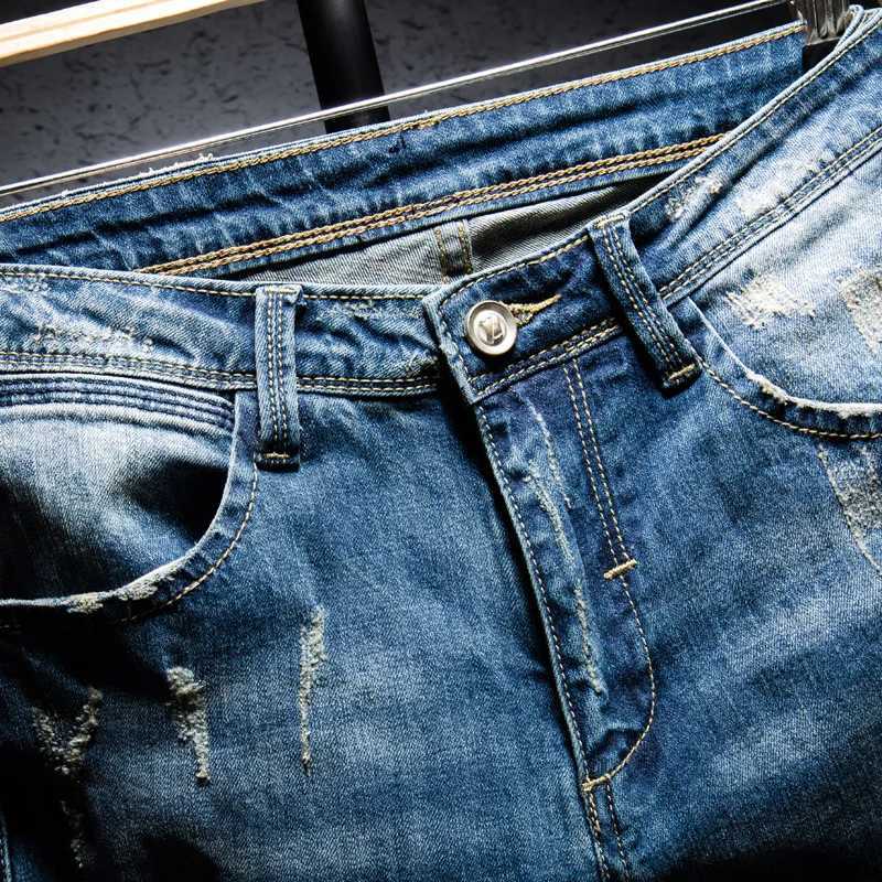 Men Streetwear Hiphop Ripped embroidery Slim fit jeans Knee Holes Destroyed Man Casual Cotton joggers beggar denim pants J2510301