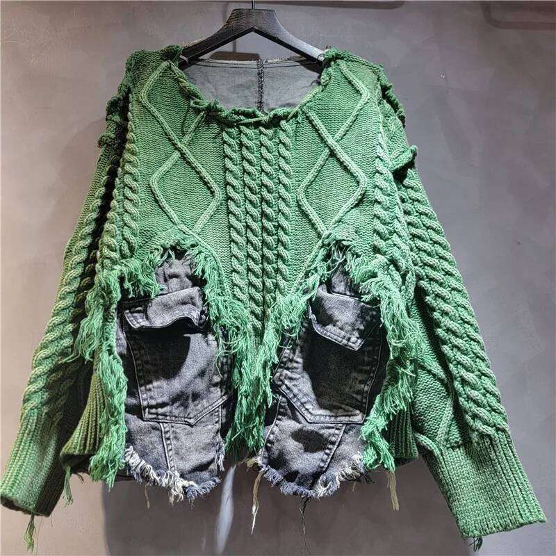Women Pullover Long Sleeve Irregular Do Old Patchwork Pockets Vintage Washed Denim Sweater 2025 Summer New Fashion