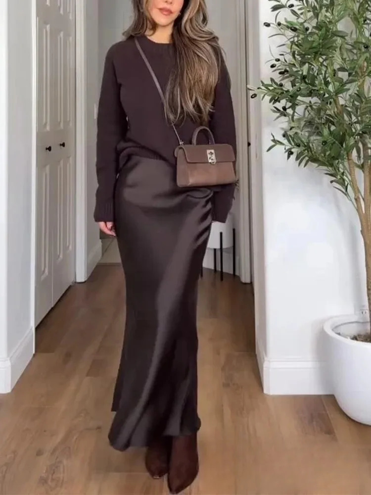 KONDALA Vintage Satin Solid Long Skirts Women High Waist Elastic Silky Skirts Fashion 2025 Spring Elegant Straight Skirts 251028