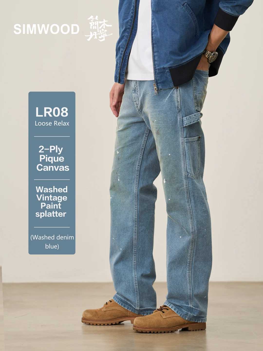 SIMWOOD High Standard 2025 Autumn New Loose Relax 12oz Fabric Denim Logger Pants Men Outdoor Workerwear Paint Splatter Jeans J251030