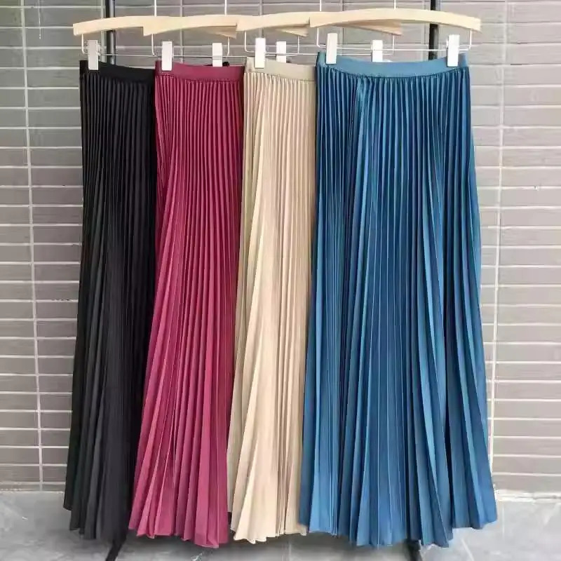 2024 Women Elegant Pleated Skirt High Waist Women Long Skirt Female Ladies High Quality Women Midi Skirt Black Saia 251028