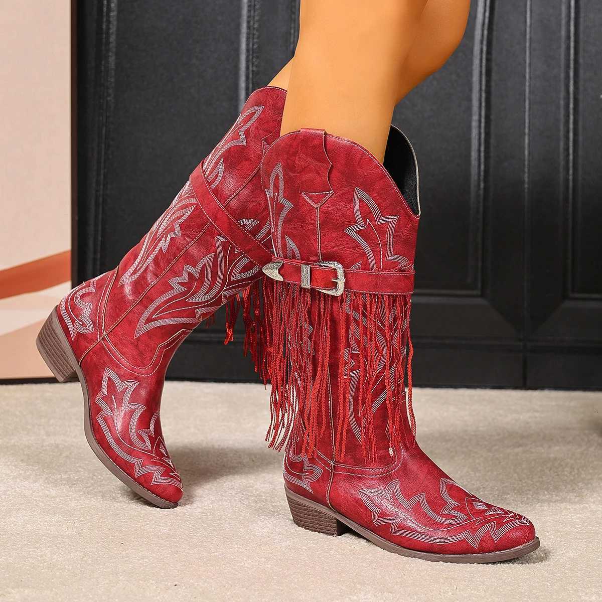 Embroidered buckle tassel western comfortable stylish versatile vacation cowboy boots for women Z251029