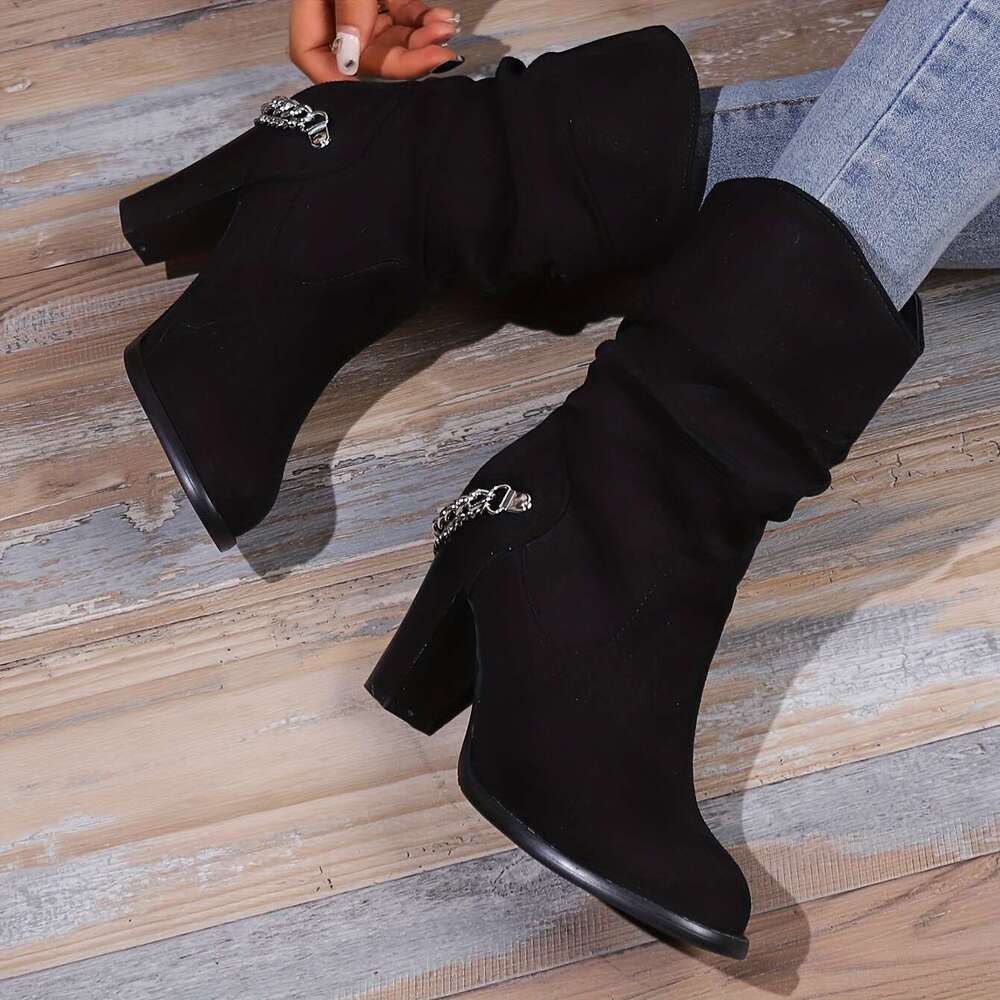 Women's Block Short Boots, Chain Decor Slouch Slip On Booties, Fashion Suedette High Heeled Booties