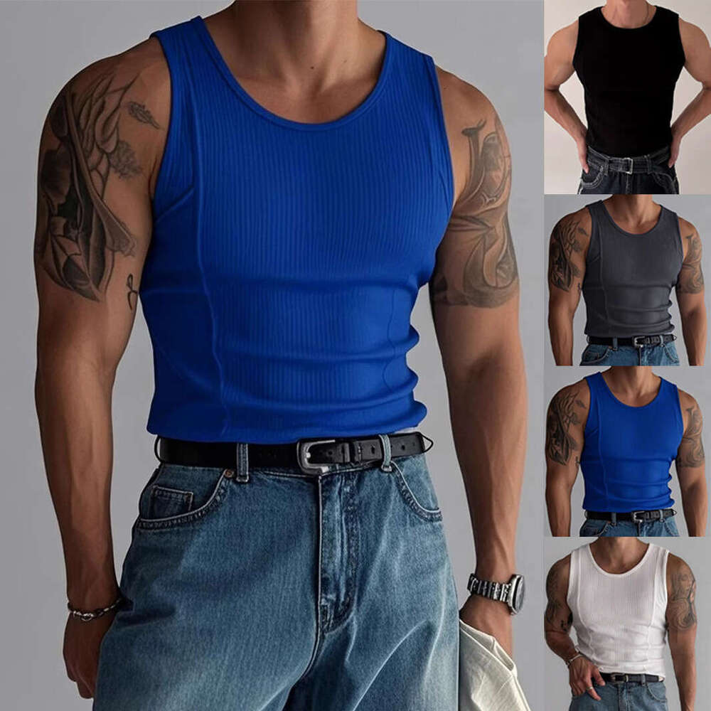 Summer Knitted Vertical Striped Fitness Sports Casual Slim Fit Tank Top Men's Sleeveless Wide Shoulder Vest Men