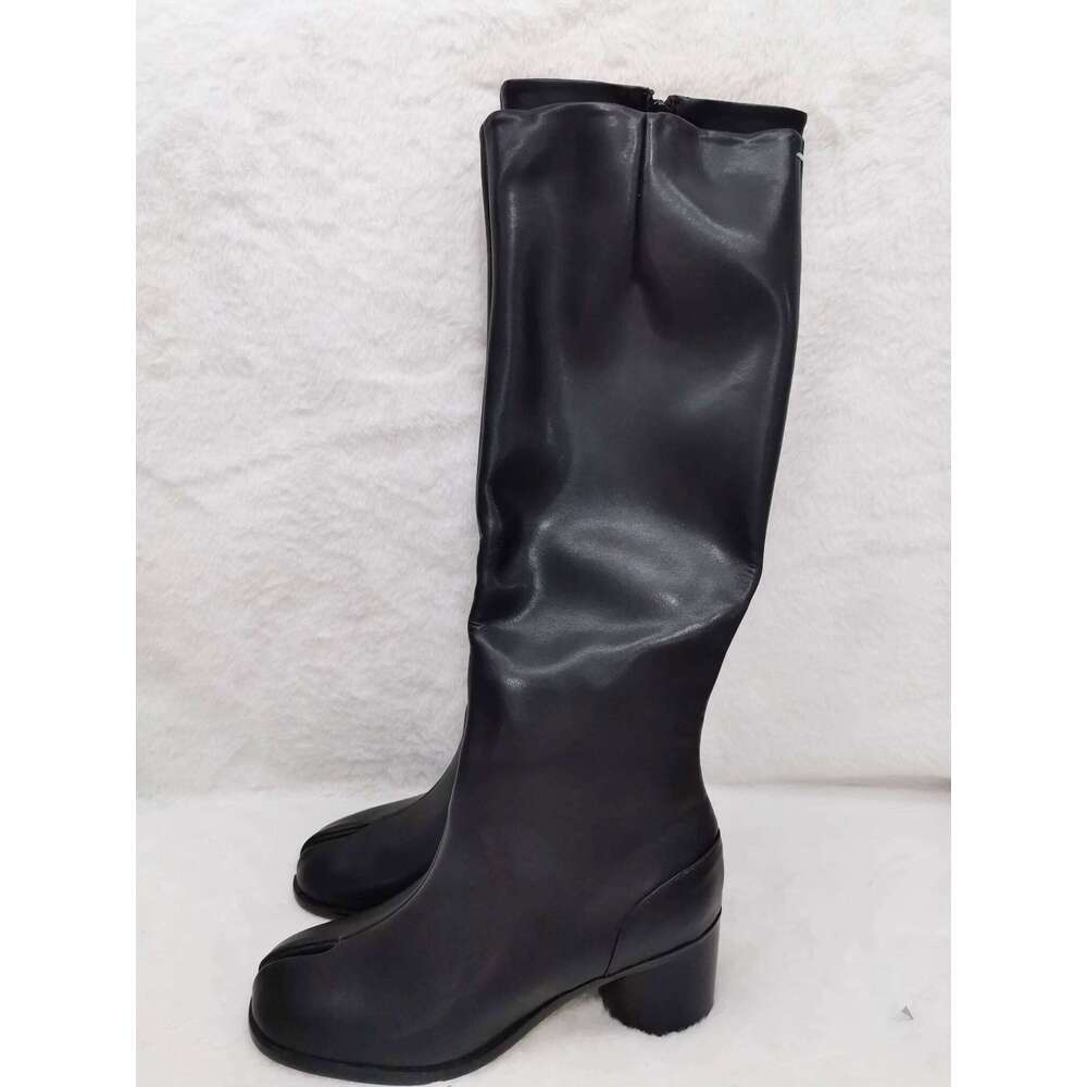 Black Loose Long Tabi Boots Women High Round Heels Zipper Leather Booties Knee Versatile Spring Girls Matte Casual Shoe British