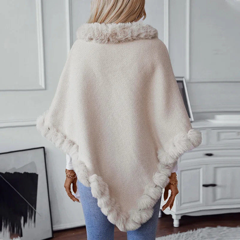 In Winter Solid Color Fur Collar Pullover Shawl Women Fashion Thick Warm Knitted Poncho Casual Cape Outerwears 251029