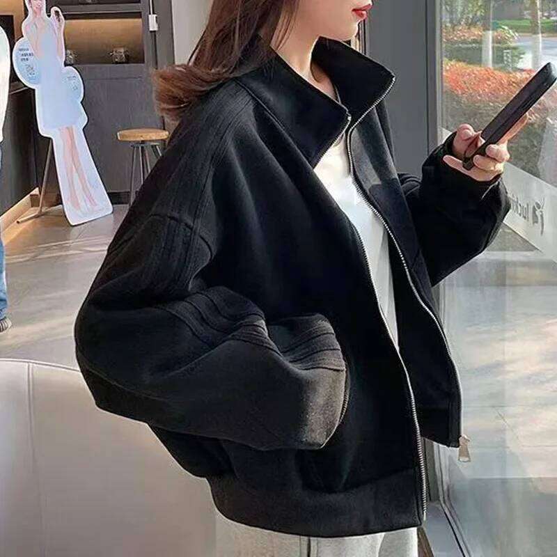 Short Sweatshirt Women's Autumn Winter Student Versatile Three Stripe Jacket Loose Fit Casual Style New Hot Sale Of The S