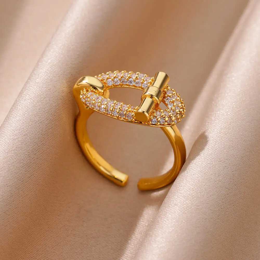 Stainless Steel Oval Hollow Zircon Open Rings For Women Gold Color Trendy Wedding Aesthetic Ring Summer Jewelry Accessories BFFW251030