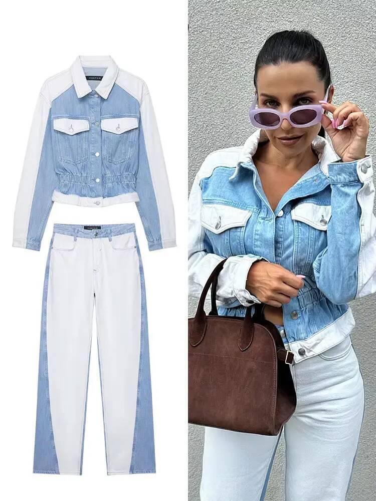 winter jacket women HH Autumn Female Vintage Denim Suit Long Sleeve Single Breasted Lapel Coat+High Waist Wide Leg Jeans Street Fashion Set