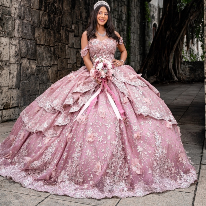 Pink Shiny Quinceanera Dresses Off The Shoulder Sequin Applique Flower Beading Crystal Bow Party Birthday Sweet 16 Dress Vestidos 15 Anos