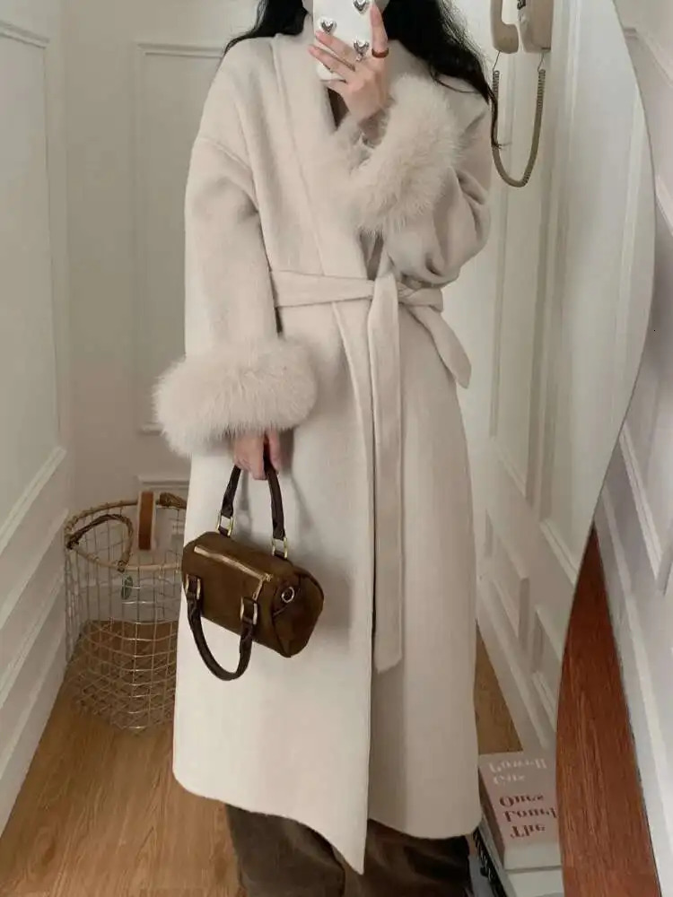 ZMEENNA Elegant Womens Coat European Style All Match Belt Fur Patchwork Long Sleeve Woolen 2024 Autumn Winter ZM600 251010