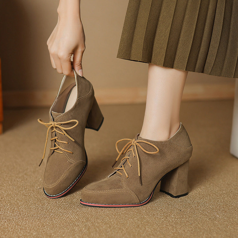 2025 Spring and autumn lace-up round toe thick heel deep mouth shoes versatile and comfortable plus-size women's shoes with heightened super high