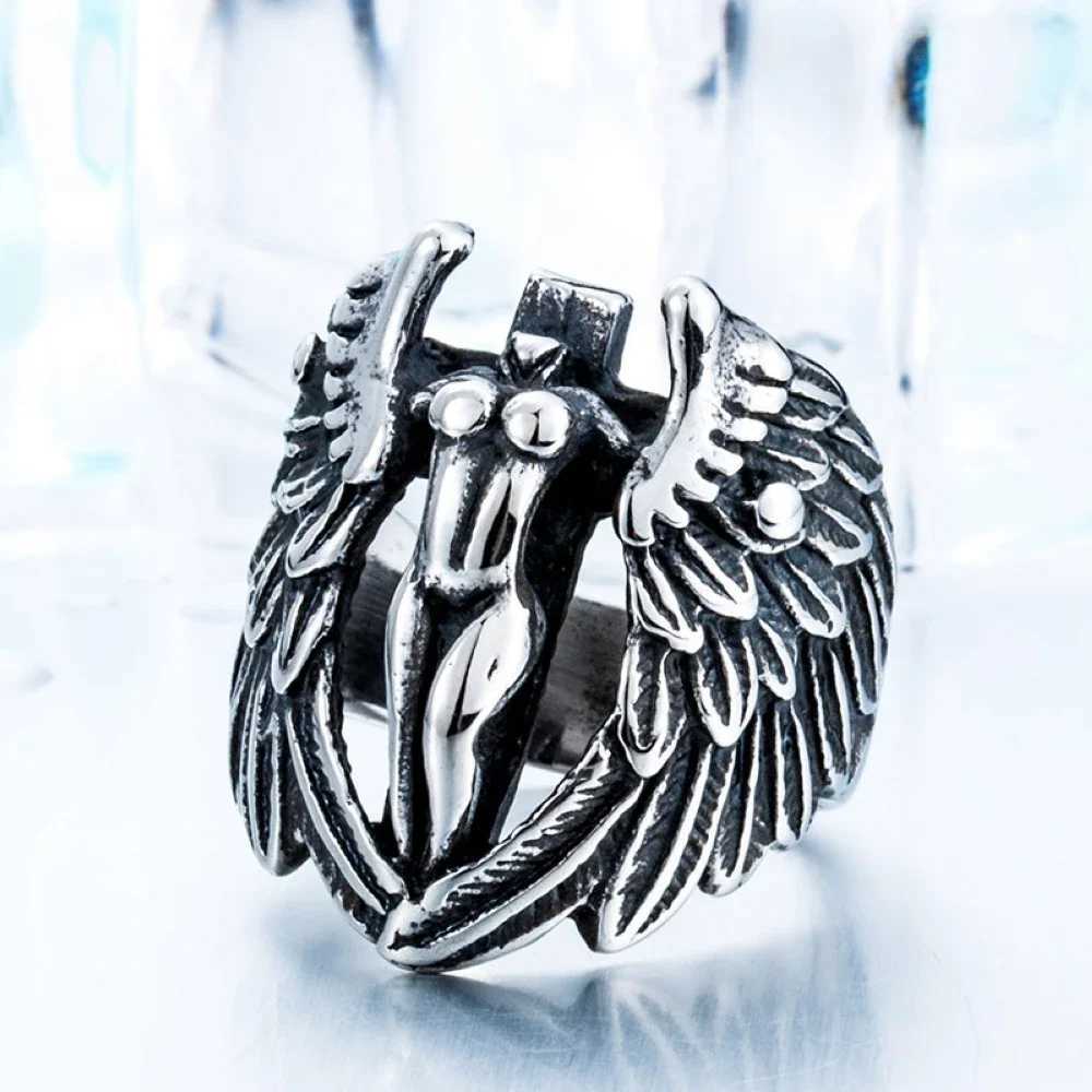 78910111213 Stainless Steel Silver Color Naked Angel Wings Cross Men Ring Punk Finger Jewelry Drop Shipping W251030