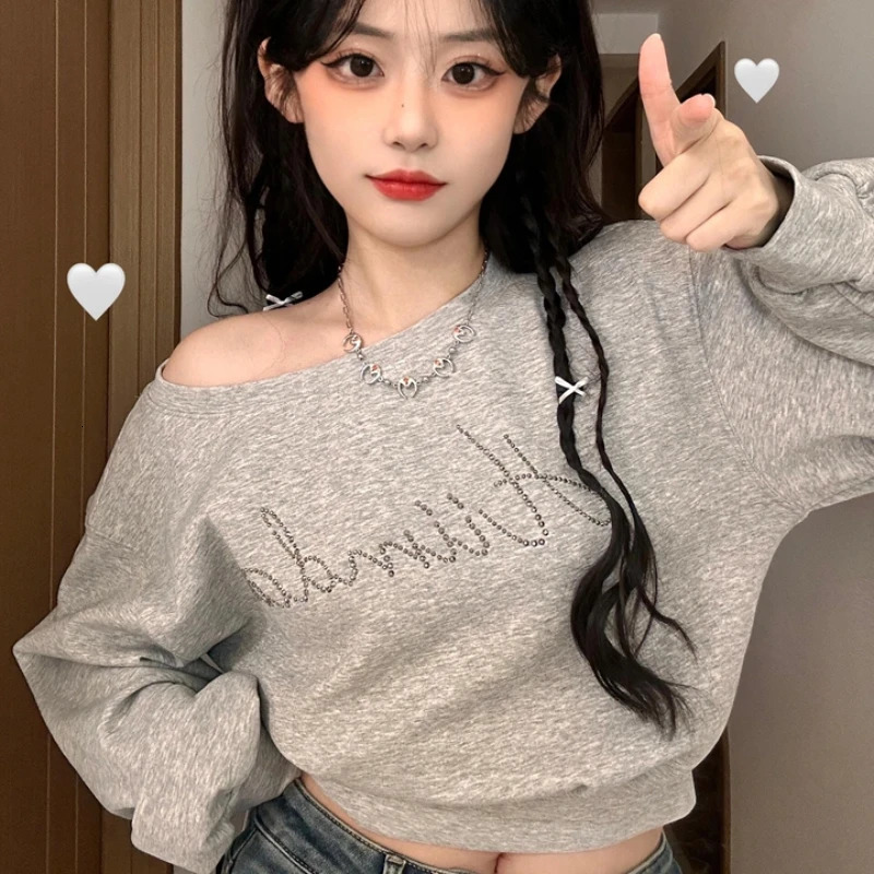 Women Hoodies Autumn Streetwear Off Shoulder Seductive Cropped Allmatch Sweatshirts Baggy Fashion Print Aesthetic Casual 251030