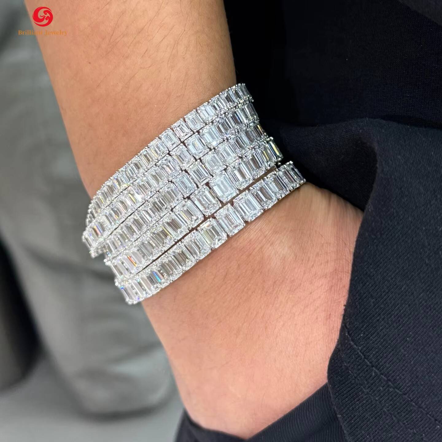 Hip Hop Moissanite Tennis Chain 925 Silver Iced Out Emerald Cut 3x5mm 4x6mm D VVS1 Moissanite Tennis Chain Bracelet