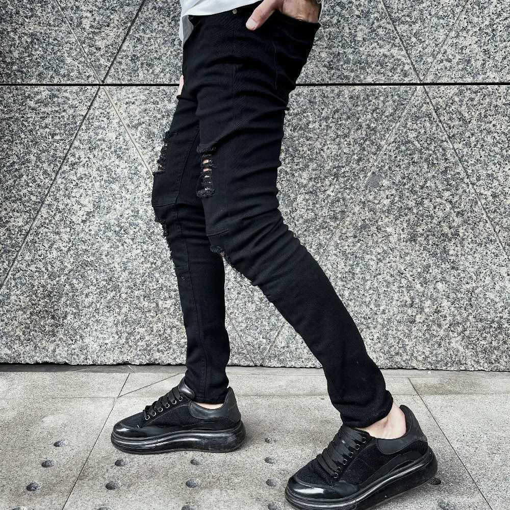 Men New High street Hip hop Style Ripped Skinny Pencil Jeans Men Stylish Slim Holes Casual Denim Pants J251030