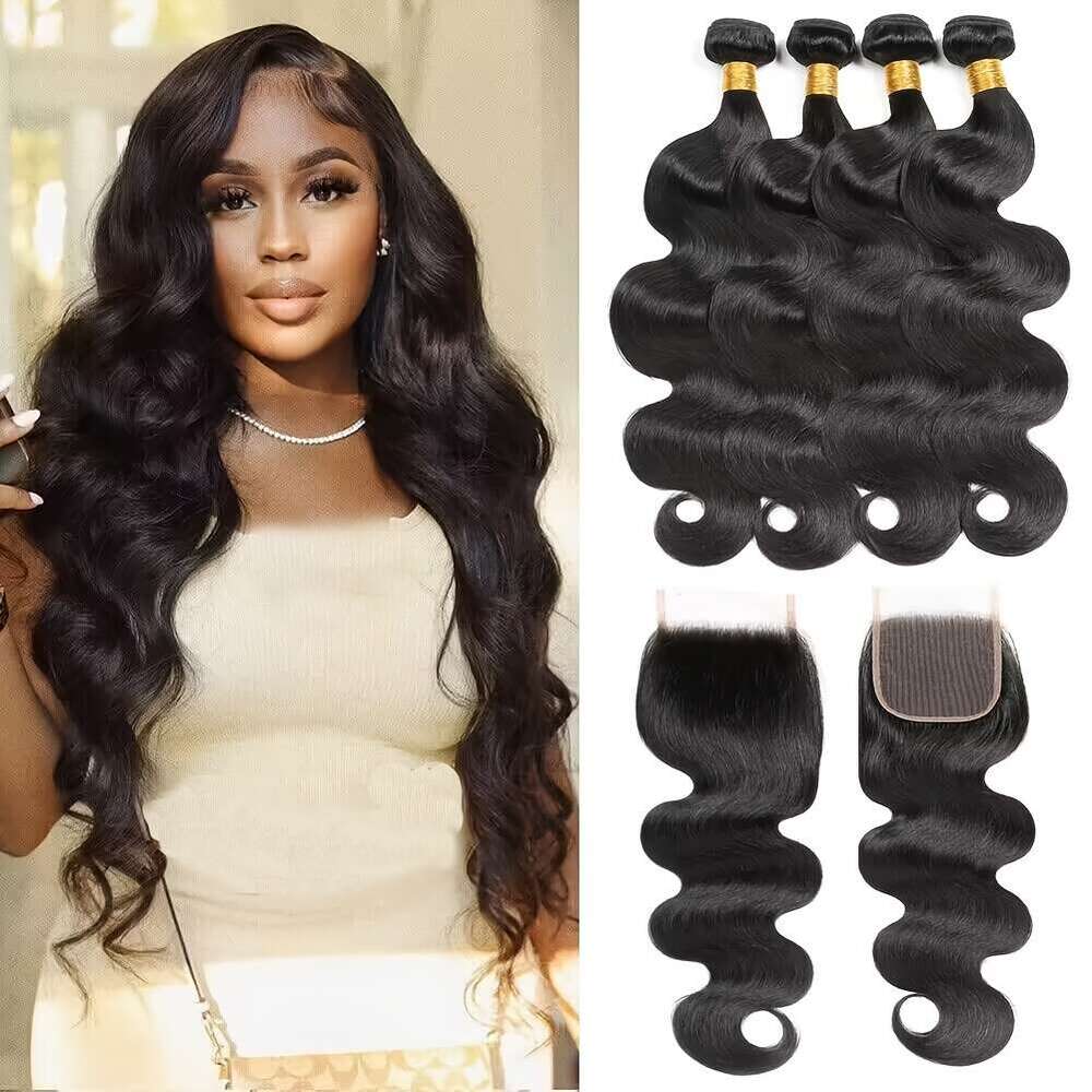 4 Bundles Brazilian Body Wave Virgin Human With 4X4 Free Part Closure - Natural Black, Unprocessed, HD Lace Transparent, Long Wavy Hair Extensions For