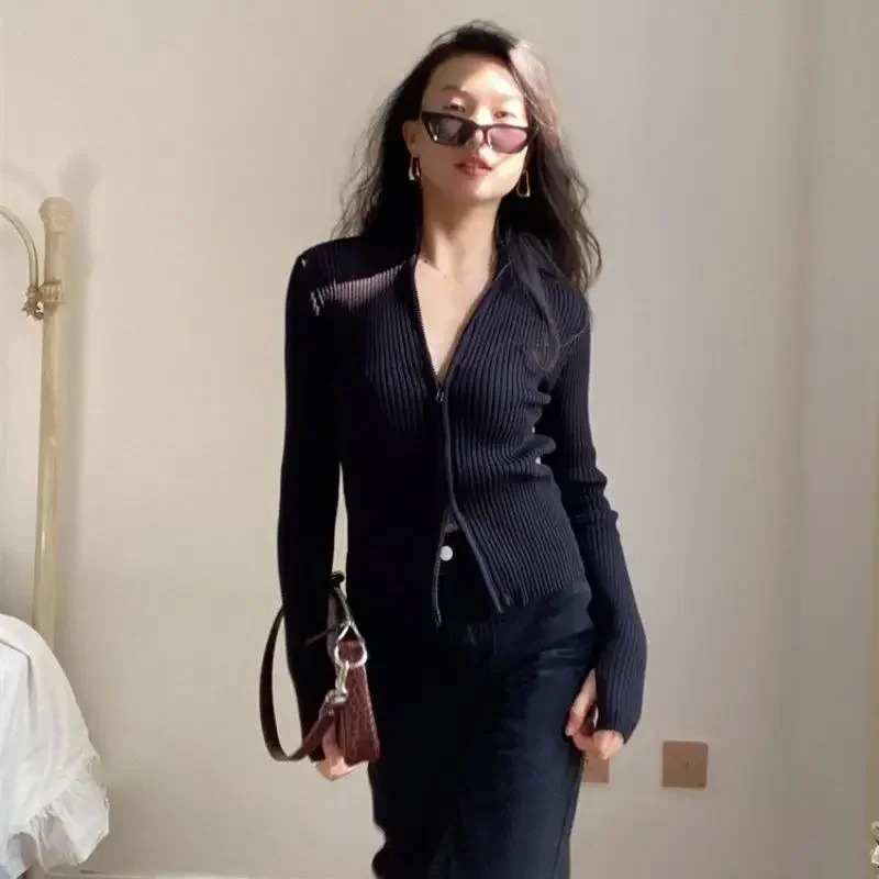 Autumn Womens Clothing Casual Cardigan Y2K Slim Knitted Sweater Zipper Lapel Top Vintage High Strecth Slim Pullovers 251029