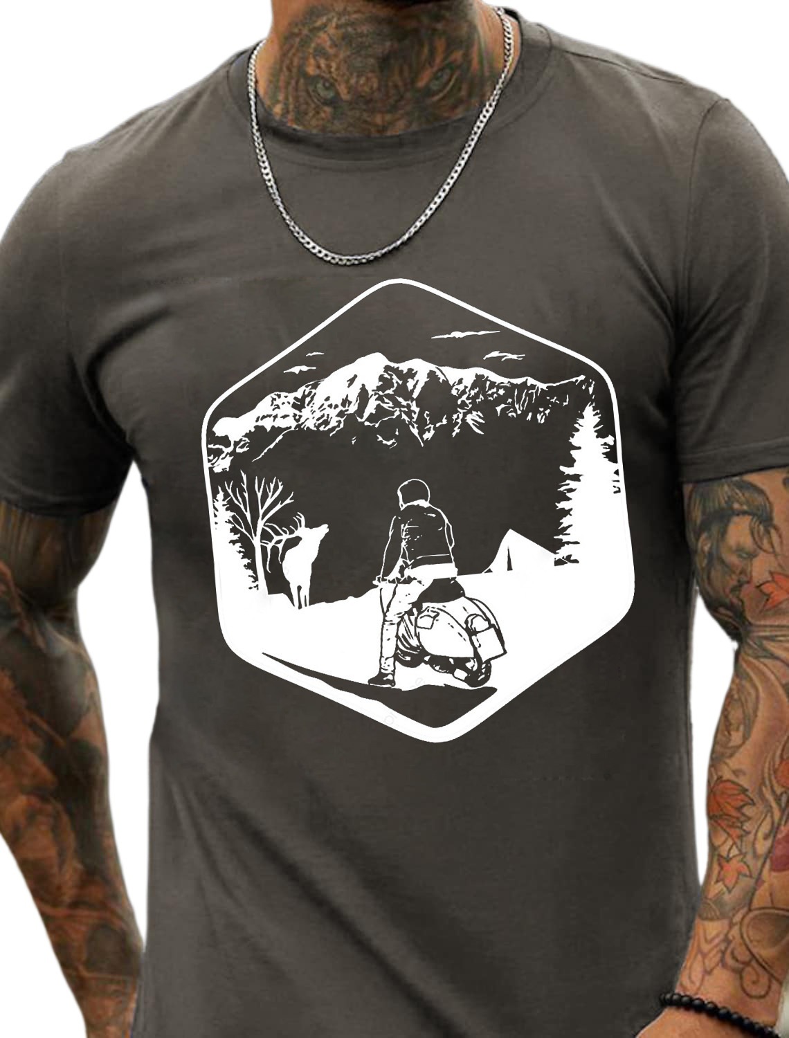 European and American Oversized Mountain and Motorcycle Print Men's Cotton Summer T-Shirt - TT7252