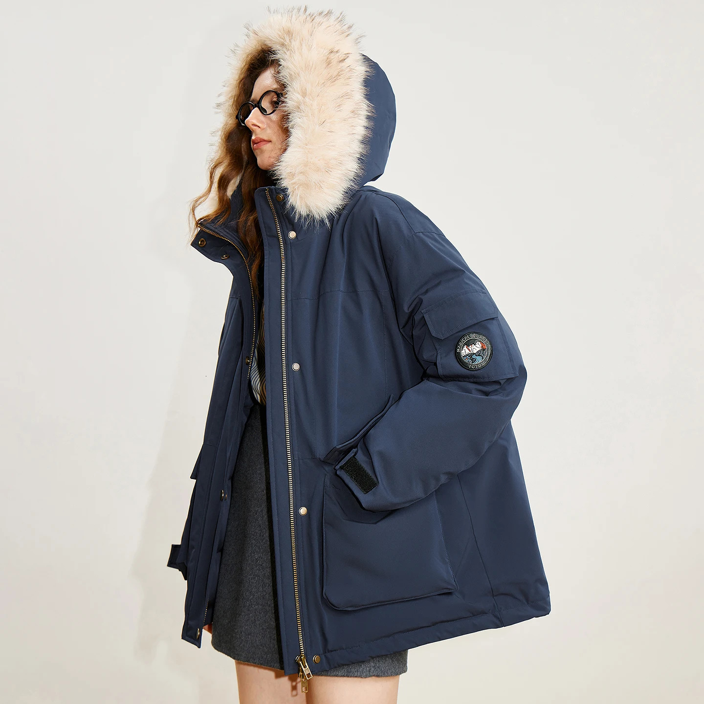 TOYOUTH Women 90 Down Jacket Winter Fur collar Hooded Large Pocket Workwear Style Outdoor Warm Jacket Coat 251028