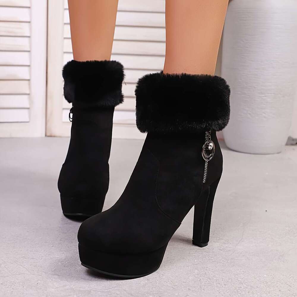 Women's Winter Sexy Chunky Platform Heels, Thick Non-Slip Rubber Sole, Side Zipper Closure, Warm Brown Boots For Parties, Everyday & Formal Event