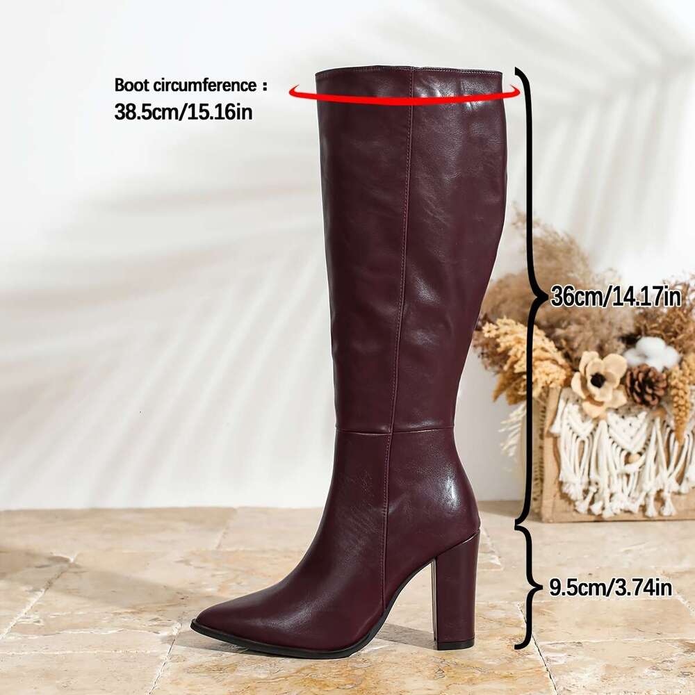 Women's Elegant Pointed Toe High-Heel Full-Length Thick Block Heel 0-10+, Full-Zipper Closure, All-Season Faux Dress Boots For Weddings, Parties 