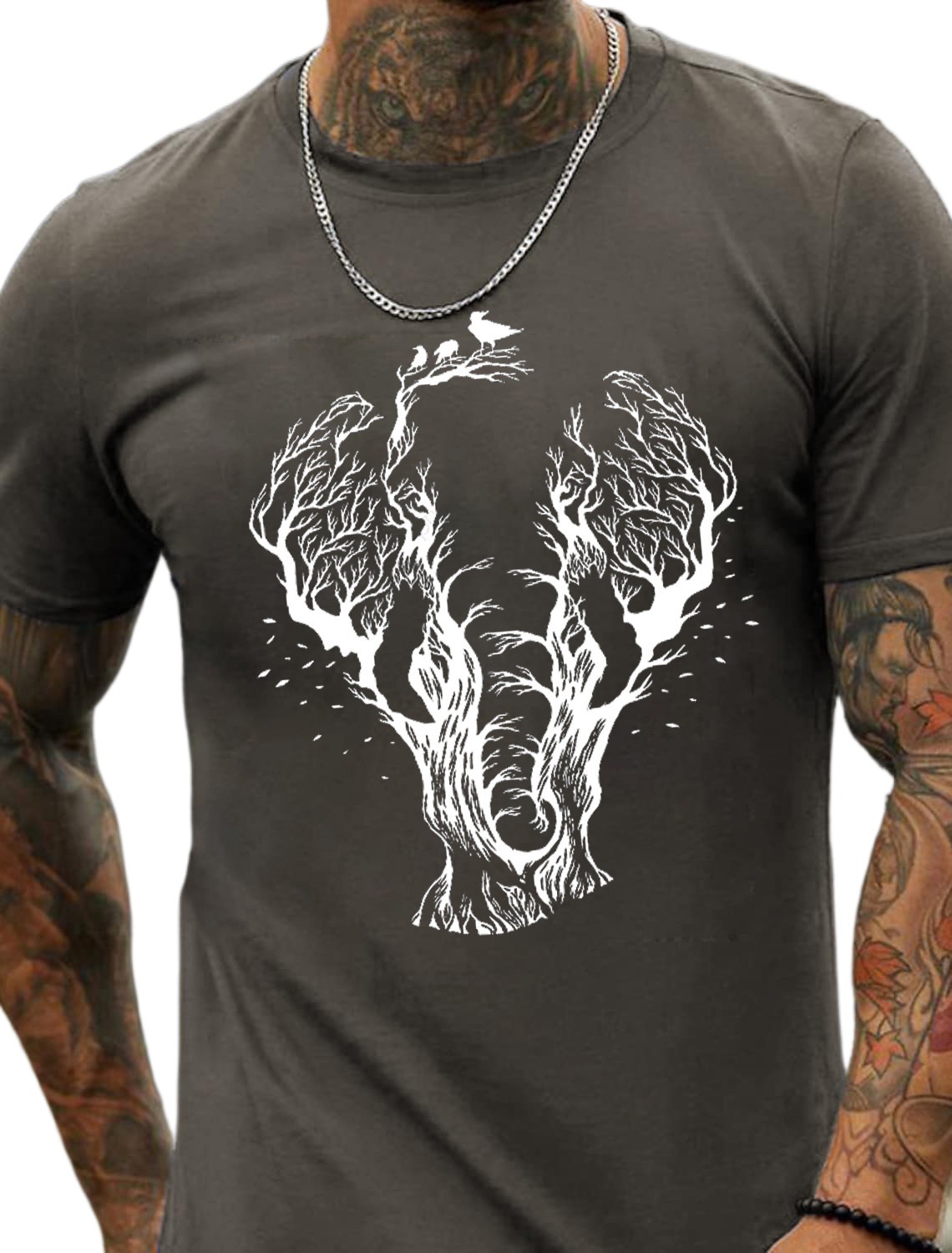 European and American Oversized Elephant and Forest Print Men's Cotton Summer T-Shirt - TT7185