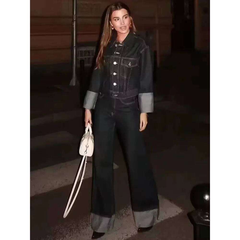 HH Women Vintage Denim Jacket Pant Sets Single Breasted Lapel Long Sleeve Coat Wide Leg Trousers Jeans High Street Outfits
