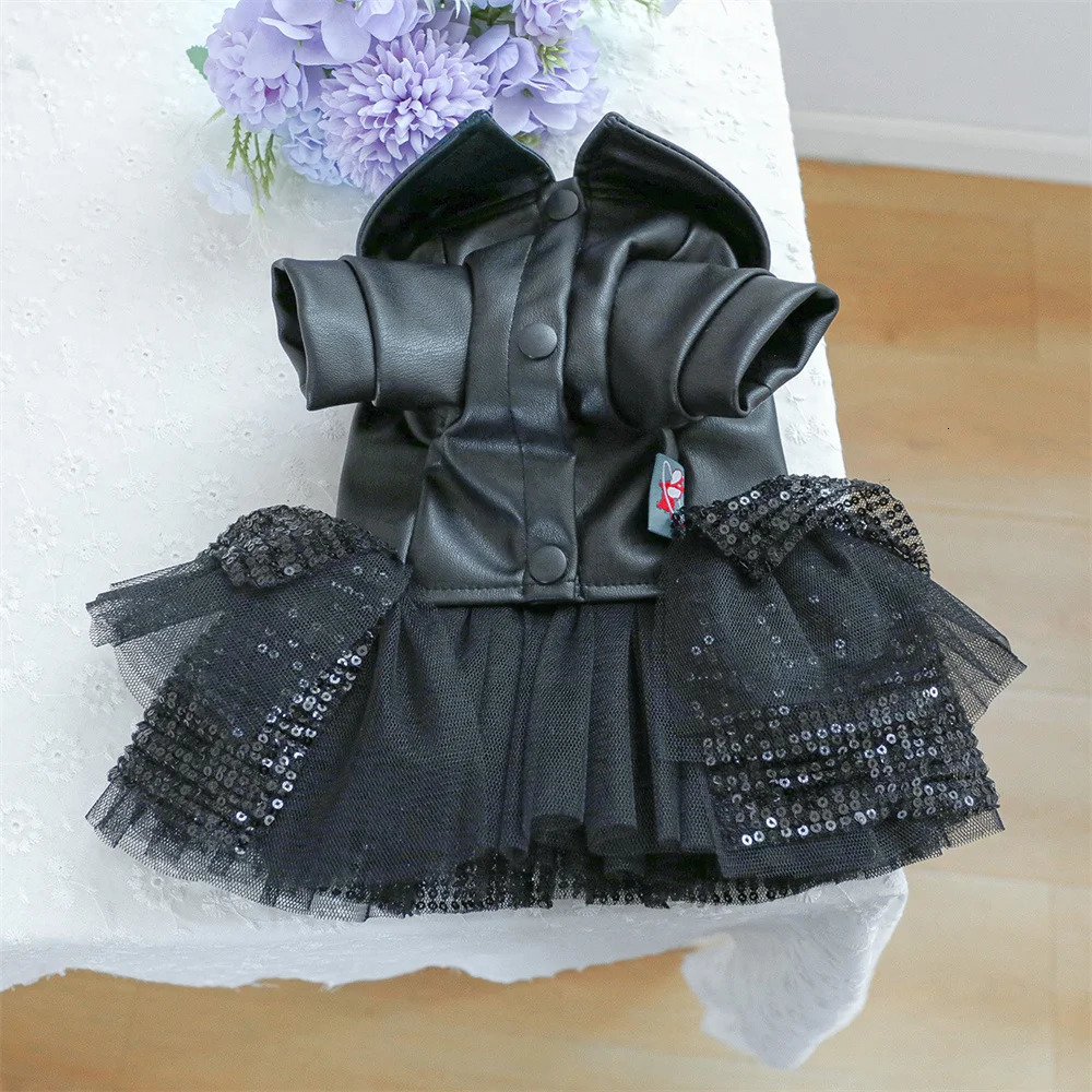 Fashion Cat Puppy Sequin Dress Soft Leather Top with Lace Skirt for Female Small Dogs And Cats Autumn Winter Pets Clothes 251029